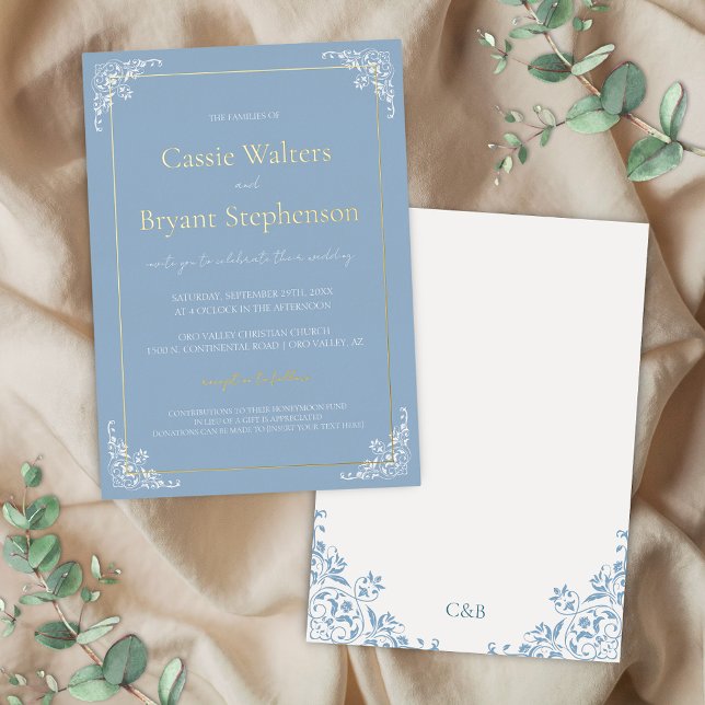 Dusty Blue Minimal Elegant Old Money Wedding Foil Invitation (Elegant dusty blue and white with wedding invitation with gold foil and romantic decorative border)