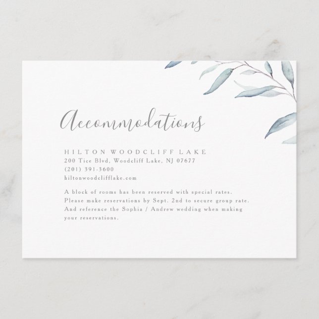 Dusty blue minimal greenery accommodation enclosure card (Front)