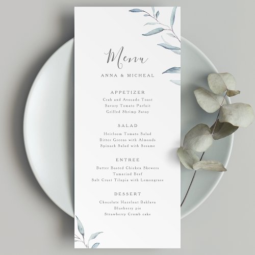 Dusty blue minimal greenery botanical wedding menu