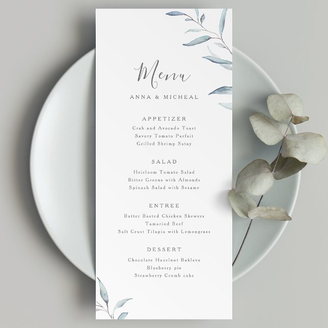 Dusty blue minimal greenery botanical wedding menu (Dusty blue minimal greenery botanical wedding menu)