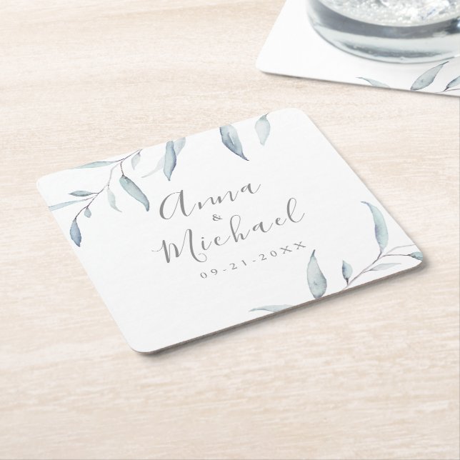 Dusty blue minimal greenery botanical wedding square paper coaster (Angled)