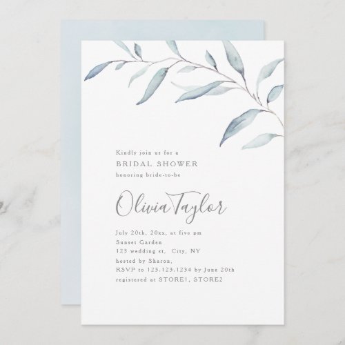 Dusty blue minimal greenery bridal shower invitation