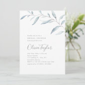 Dusty blue minimal greenery bridal shower invitation (Standing Front)