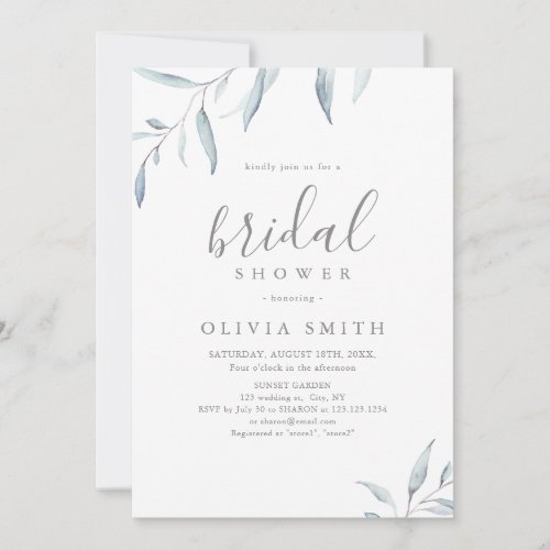 Dusty blue minimal greenery rustic bridal shower invitation