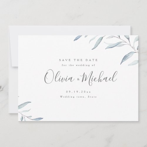Dusty blue minimal greenery save the date