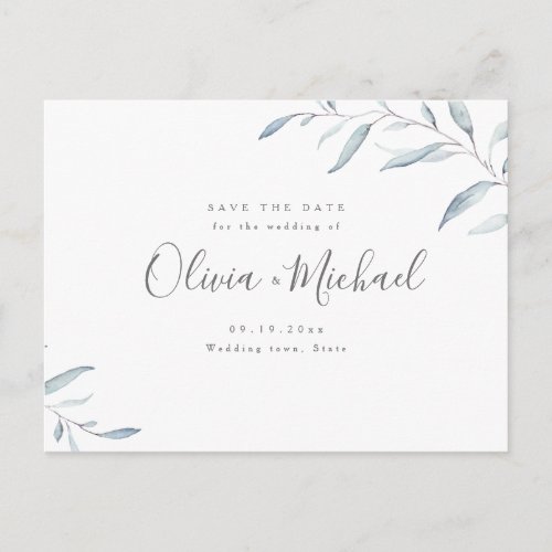 Dusty blue minimal greenery save the date announcement postcard