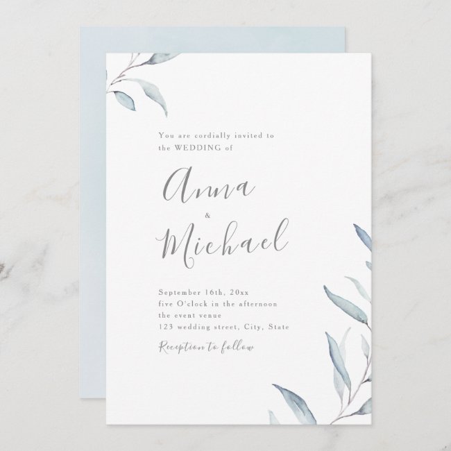 Dusty blue minimal greenery wedding invitation
