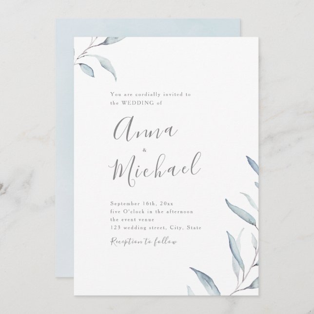 Dusty blue minimal greenery wedding invitation (Front/Back)