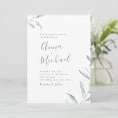 Dusty blue minimal greenery wedding invitation (Standing Front)