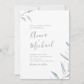 Dusty blue minimal greenery wedding invitation (Front)