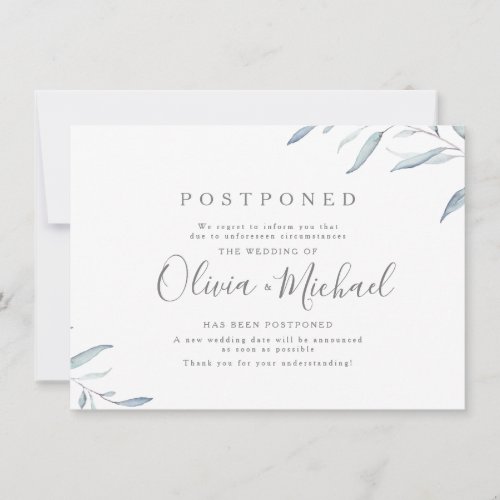 Dusty blue minimal greenery wedding postponement invitation