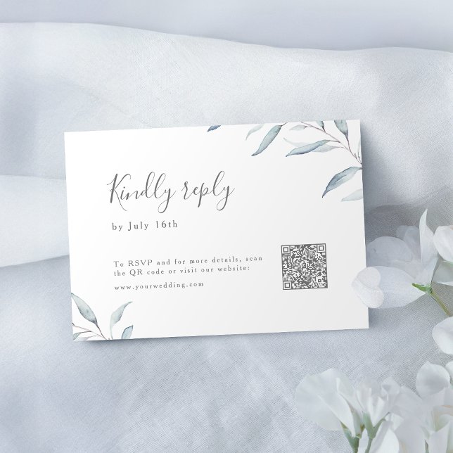 Dusty blue minimal greenery wedding QR code RSVP Card (Dusty blue minimal greenery wedding QR code RSVP Card)