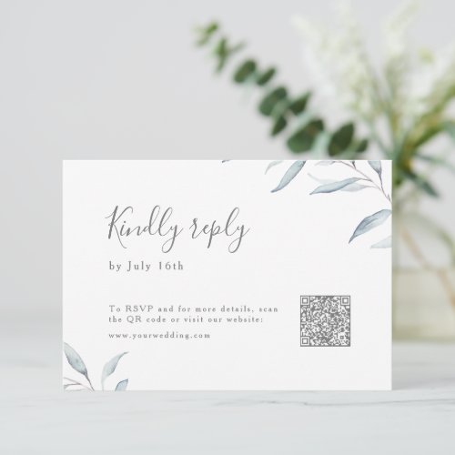 Dusty blue minimal greenery wedding QR code RSVP Card