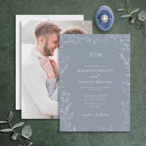 Dusty Blue Minimal Leaf Photo Monogram Wedding Invitation