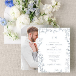 Dusty Blue Minimal Leaf Photo Monogram Wedding Invitation
