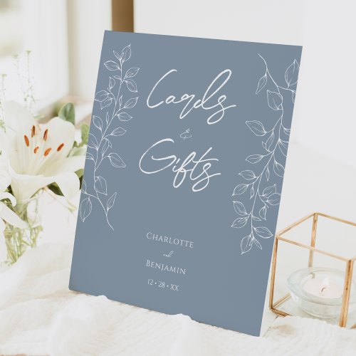 Dusty Blue Minimal Leaf Wedding Cards and Gifts Pedestal Sign