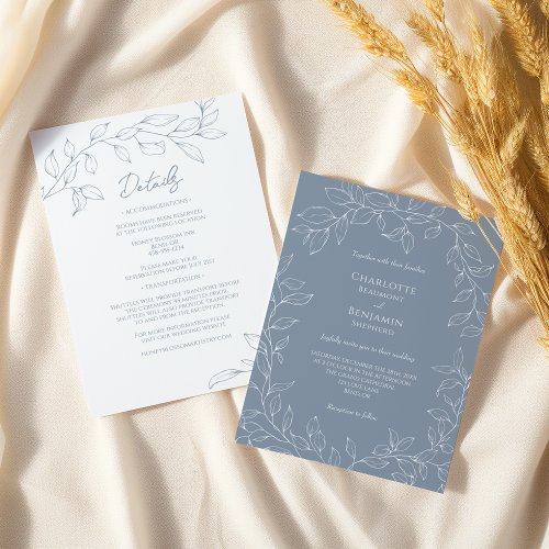 Dusty Blue Minimal Leaf Wedding Details All in One Invitation