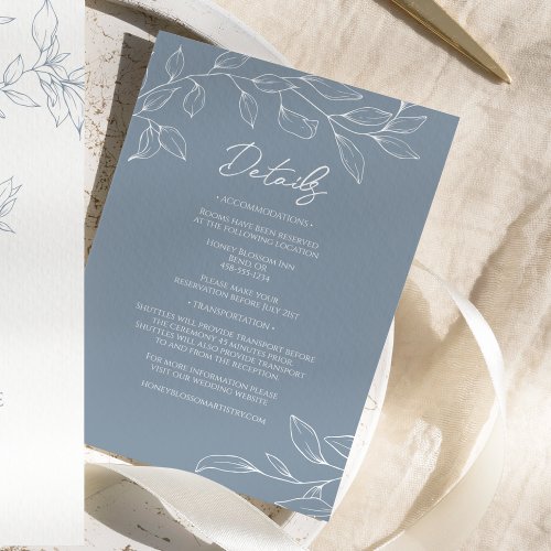 Dusty Blue Minimal Leaf Wedding Details Enclosure Card