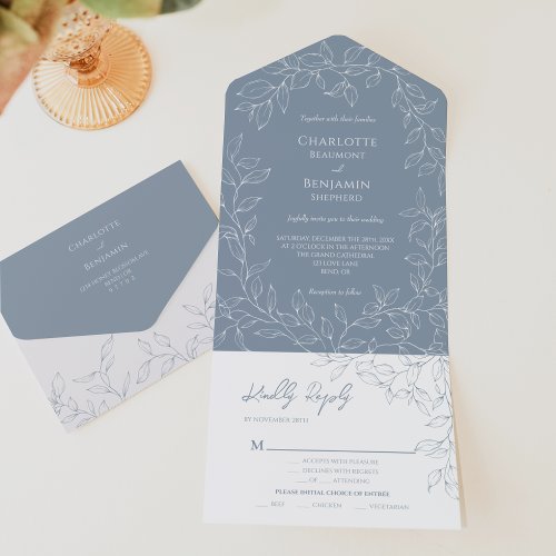 Dusty Blue Minimal Leaf Wedding Entree Choice All In One Invitation