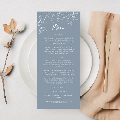 Dusty Blue Minimal Leaf Wedding Flat Menu