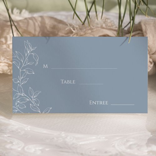 Dusty Blue Minimal Leaf Wedding Flat Place Card