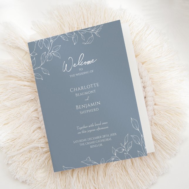 Dusty Blue Minimal Leaf Wedding Folded Program (Creator Uploaded)