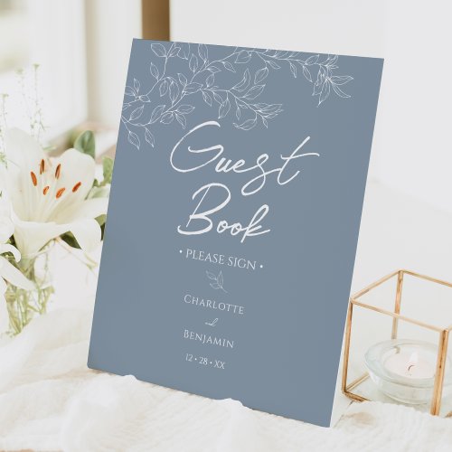 Dusty Blue Minimal Leaf Wedding Guest Book Pedestal Sign