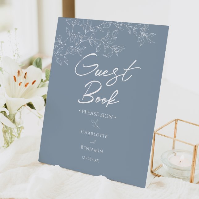 Dusty Blue Minimal Leaf Wedding Guest Book Pedestal Sign (Creator Uploaded)