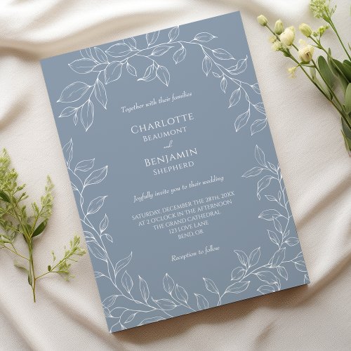 Dusty Blue Minimal Leaf Wedding Invitation