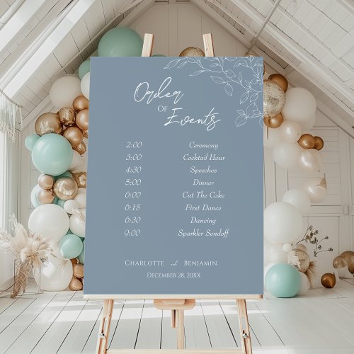 Dusty Blue Minimal Leaf Wedding Order of Events Foam Board