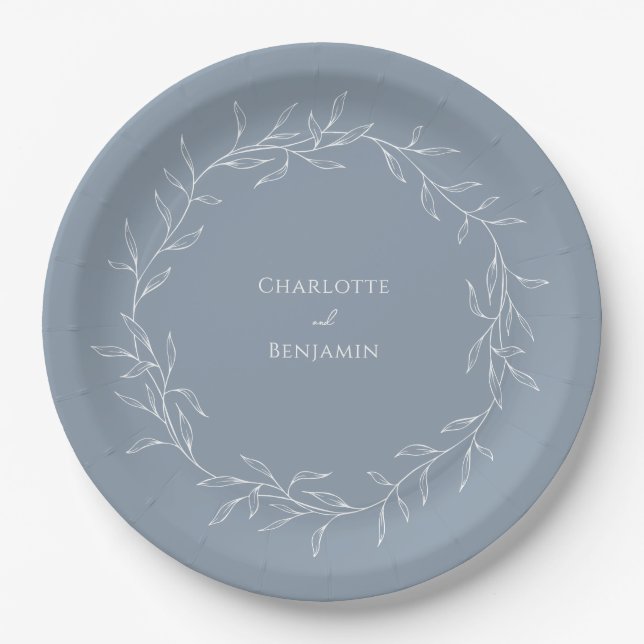 Dusty Blue Minimal Leaf Wedding Paper Plates (Front)