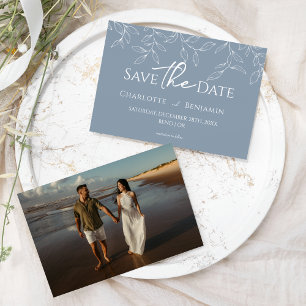 Dusty Blue Minimal Leaf Wedding Photo Save The Date