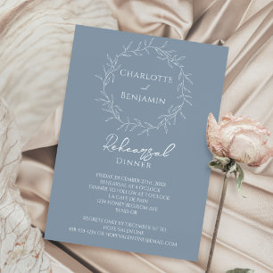 Dusty Blue Minimal Leaf Wedding Rehearsal Dinner Invitation