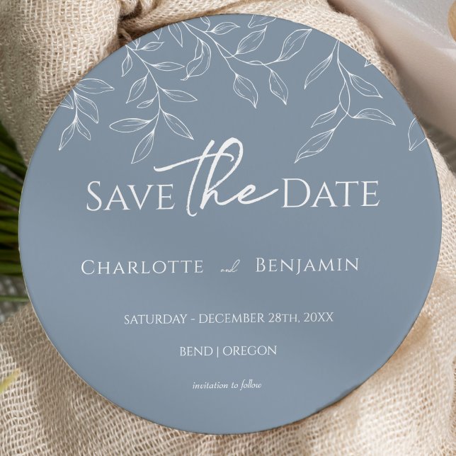 Dusty Blue Minimal Leaf Wedding Round Save The Date (Creator Uploaded)