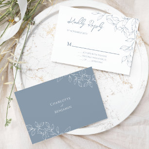 Dusty Blue Minimal Leaf Wedding RSVP