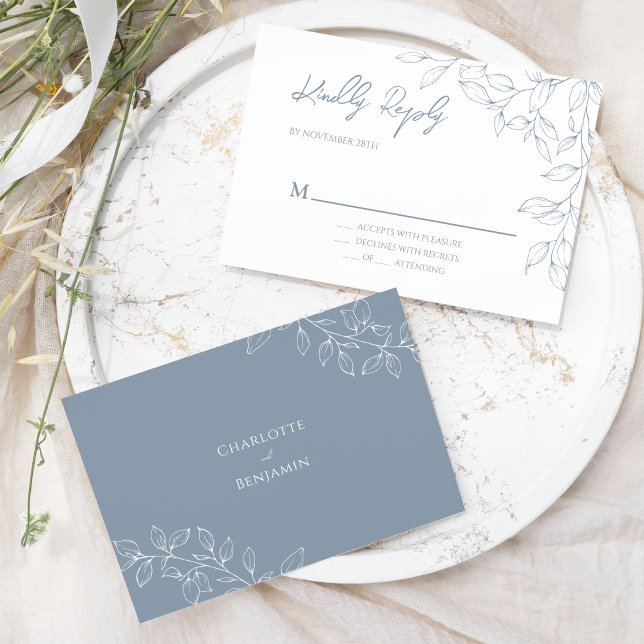 Dusty Blue Minimal Leaf Wedding RSVP Card (Creator Uploaded)
