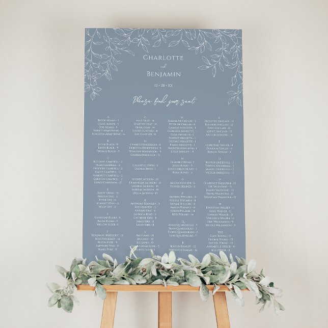 Dusty Blue Minimal Leaf Wedding Seating Chart Foam Board (Creator Uploaded)