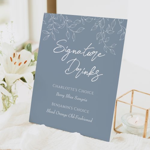 Dusty Blue Minimal Leaf Wedding Signature Drinks Pedestal Sign