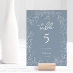 Dusty Blue Minimal Leaf Wedding Table Number<br><div class="desc">This dusty blue minimal leaf wedding table number design perfectly embodies a modern romantic aesthetic. Featuring a classic blend of dusty blue background with minimal white leaf patterns gracefully complemented by a simple calligraphy script paired with an understated serif font. The result is a perfectly polished feel for your wedding,...</div>