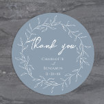 Dusty Blue Minimal Leaf Wedding Thank You Classic Round Sticker<br><div class="desc">This dusty blue minimal leaf wedding thank you classic round sticker design perfectly embodies a modern romantic aesthetic. Featuring a classic blend of dusty blue background with minimal white leaf patterns gracefully complemented by a simple calligraphy script paired with an understated serif font. The result is a perfectly polished feel...</div>