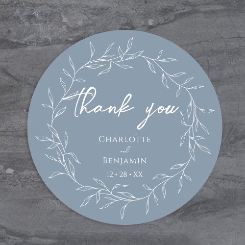 Dusty Blue Minimal Leaf Wedding Thank You Classic Round Sticker