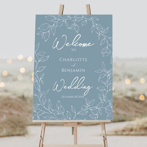 Dusty Blue Minimal Leaf Wedding Welcome Sign