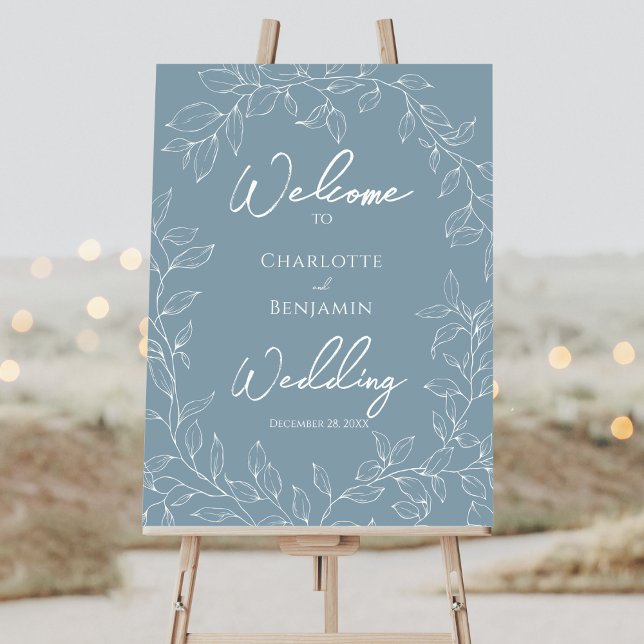 Dusty Blue Minimal Leaf Wedding Welcome Sign (Creator Uploaded)