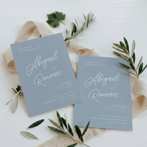 Dusty Blue Minimal Modern Calligraphy Wedding Invitation