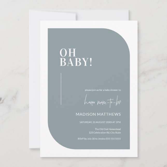 Dusty Blue Minimal Oh Baby Shower Invitation (Front)