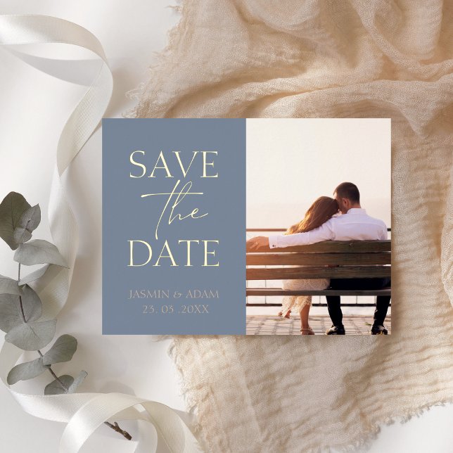 Dusty Blue Minimal Photo Save the Date Foil Holiday Postcard (Creator Uploaded)