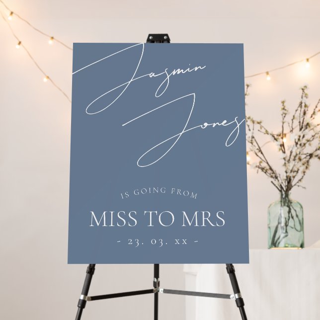 Dusty Blue Minimal Script Miss To Mrs Shower Foam Board (In Situ (Stand))