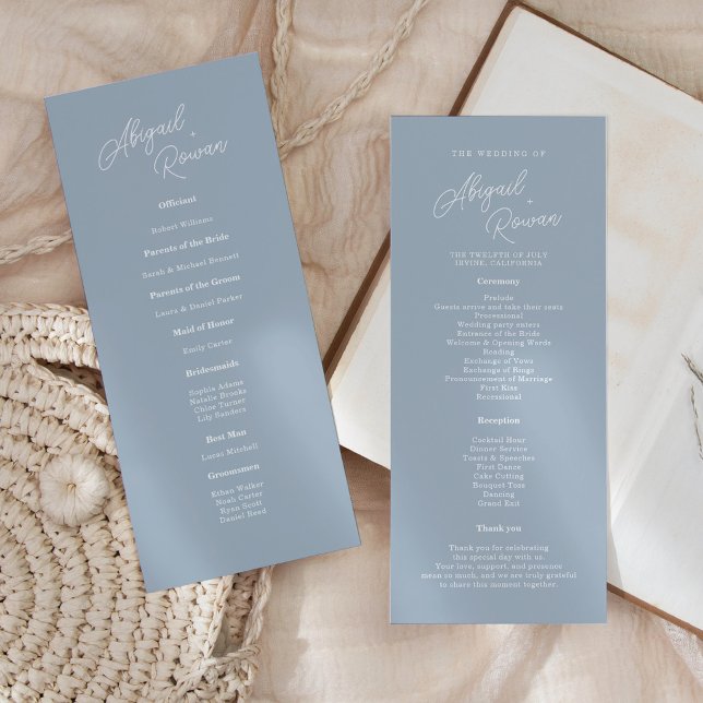 Dusty Blue Minimal Script Wedding Program Card (Creator Uploaded)