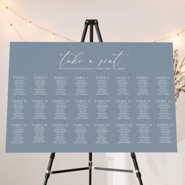 Dusty Blue Minimal Wedding 24 Table Seating Chart Foam Board (In Situ (Stand))