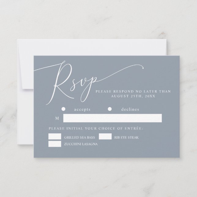 Dusty Blue Minimal Wedding Meal Choice RSVP Card (Front)
